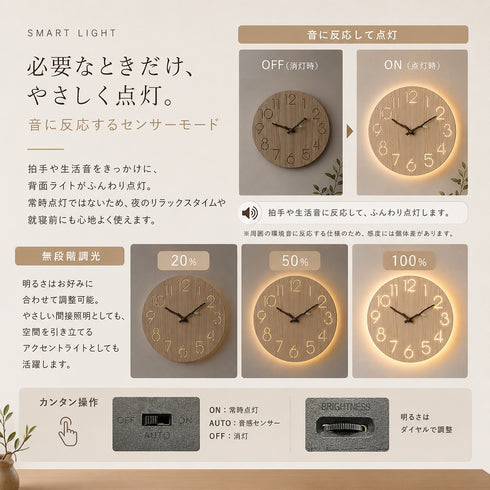 電波掛け時計 天然木製 ライト付き 壁掛け時計 音感センサー 無段階調光 | 暖色ライト・自動時刻補正・単3形電池4本付属・北欧風デザイン・リビングや寝室になじむ