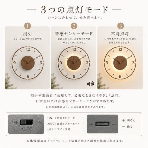 電波掛け時計 センサーライト付き 天然木製 静音設計 暖色ライト・音感センサー・暗い場所でも見やすい・リビングや寝室に調和
