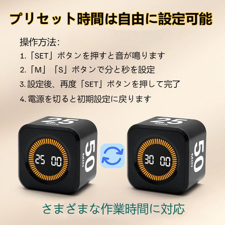 キューブ型ポモドーロタイマー 5/10/25/50分プリセット 重力センサー 視覚タイマー 無音モード 勉強・仕事用